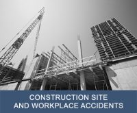Looking up at building under construction with text "construction site and workplace accidents" on bottom