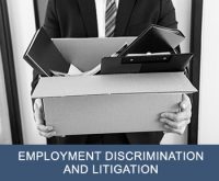 Closeup of man in suit holding box of office supplies with text "employment discrimination and litigation" on bottom