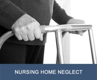 Closeup of elderly man gripping a walker with text "nursing home neglect" on bottom